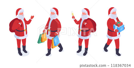 Isometric Santa Claus characters. Christmas santa mascots with gift boxes and bags 3d vector illustration set. Christmas holidays Santa Claus on white 118367034