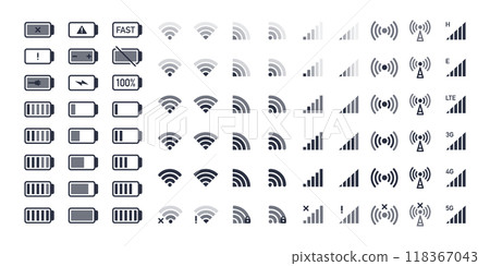 Smartphone wifi and battery icons. Mobile phone indicators, battery charge levels, 5G and wifi signal strength icons flat vector illustration set. Network wireless symbols Smartphone wifi and battery icons. Mobile phone indicators, battery charge levels, 5G and wifi signal strength icons flat vector illustration set. Network wireless symbols 118367043