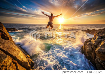 woman jumping on the beach at sunset 118367125
