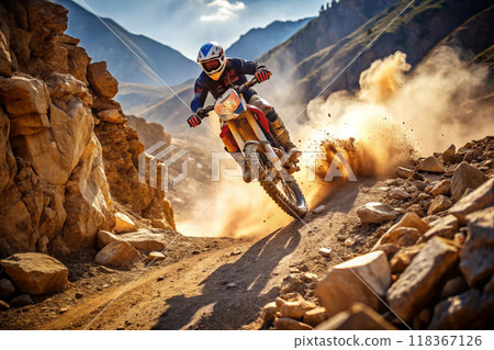 man riding mountain bike on rocky terrain 118367126