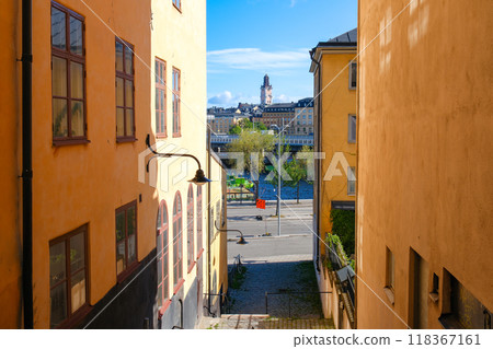 Back alley with a view of Stockholm Cathedral, Södermalm Island, Stockholm, Sweden 118367161