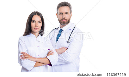 Doctor in white coat with stethoscope. nurse and doctor with stethoscope in medical clinic. Doctor in white coat with stethoscope. nurse and doctor with stethoscope in medical clinic. 118367239