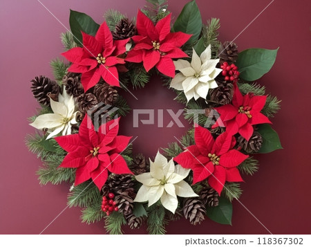 Red and white poinsettia Christmas wreath Red and white poinsettia Christmas wreath 118367302