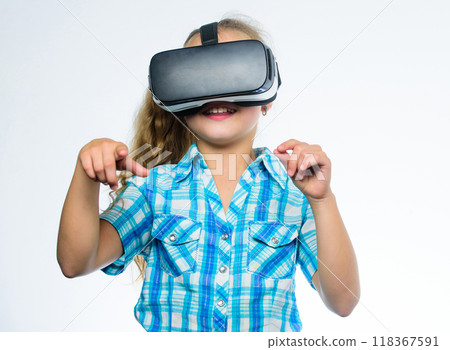 Virtual education for school pupil. Get virtual experience. Virtual reality concept. Kid explore modern technology virtual reality. Girl cute child with head mounted display on white background 118367591