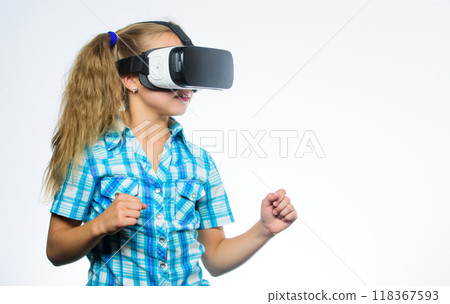 Virtual reality concept. Kid explore modern technology virtual reality. Virtual education for school pupil. Girl cute child with head mounted display on white background. Get virtual experience Virtual reality concept. Kid explore modern technology virtual reality. Virtual education for school pupil. Girl cute child with head mounted display on white background. Get virtual experience 118367593