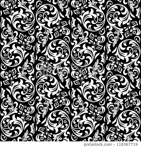 Wallpaper in the style of Baroque. Seamless vector background. White and black floral ornament. Graphic pattern for fabric, wallpaper, packaging. Ornate Damask flower ornament. 118367719