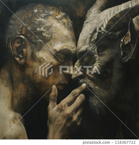 Two figures engage in a dramatic moment, with one exuding an angelic presence and the other embodying a demonic form. Their expressions reflect a deep, emotional exchange in a shadowy environment. 118367722