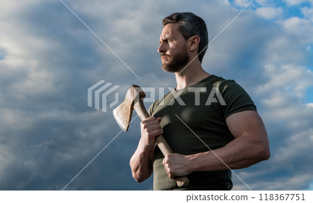 strong man with axe. muscular man hold ax. brutal man on sky background strong man with axe. muscular man hold ax. brutal man on sky background 118367751
