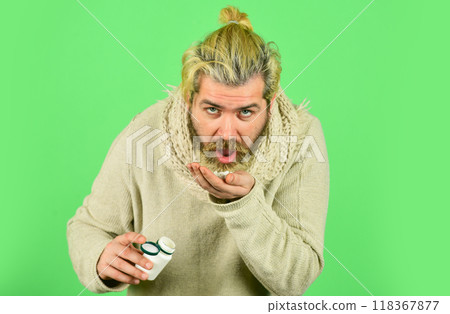 Medical prescription. Painkillers pills. Headache treatment. Mature man taking pills. Natural and organic. Helpful tablets. Vitamin in tablets. Sick man with vitamin pills. Strengthen immunity 118367877