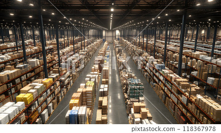 Vast modern warehouse with endless rows of stocked shelves 118367978