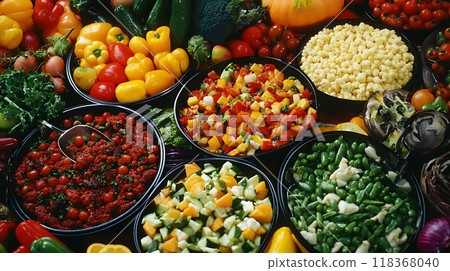 Assortment of colorful vegetables and salads in bowls 118368040