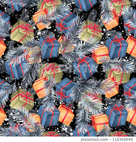 Christmas seamless pattern with gift boxes and fir branches. Winter holiday background. 118368049