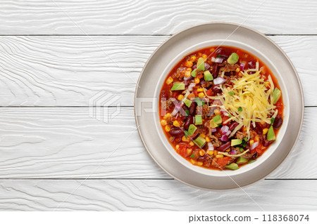 taco soup with kidney bean, corn, ground beef 118368074
