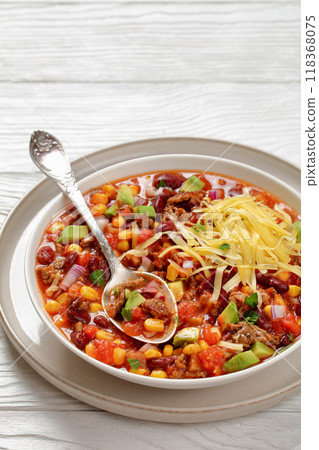 taco soup with kidney bean, corn, ground beef taco soup with kidney bean, corn, ground beef 118368075