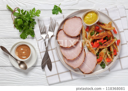 German potato noodles with sous vide pork loin cut German potato noodles with sous vide pork loin cut 118368081