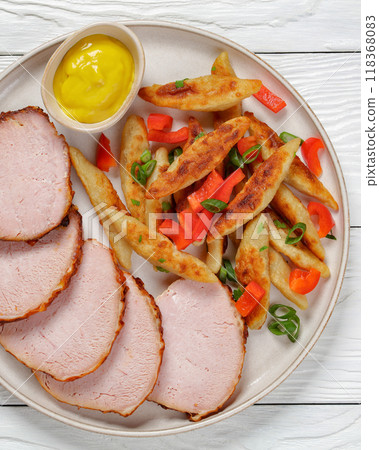 German potato noodles with sous vide pork loin cut 118368083