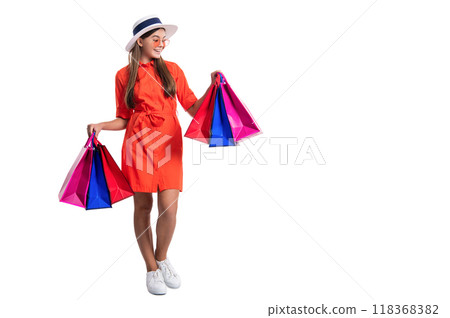 teen girl shopaholic on background, copy space advertisement. 118368382