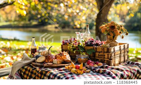Autumn picnic with seasonal fruits and vegetables by a scenic lake 118368445