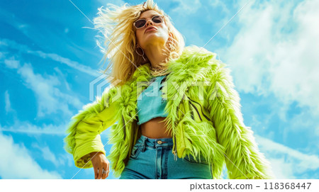 Fashionable woman in vibrant green jacket against clear blue sky 118368447