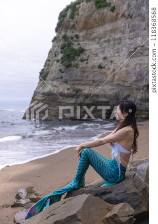 年輕的女美人魚坐在沙灘上的岩石上，看著大海 118368568