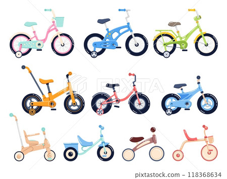 Bright childish bicycles. Cartoon kids transport, active games, color vehicles, different frames, handlebars and wheels types, colorful tricycle cartoon flat style isolated vector set 118368634