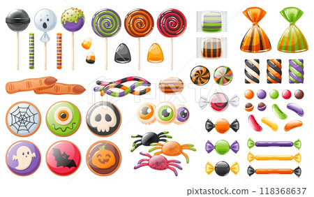 Cartoon halloween sweets. Funny candies, spooky lollipops and scary jellies, trick or treat, witch fingers cookies, sugar glaze skulls, spider and worm marmalade, vector isolated set 118368637