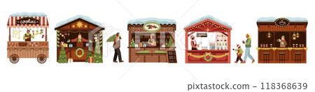 Christmas stalls with people. Buyers and sellers at winter market, gifts, sweets, holiday decorations, festival shops, happy family on traditional bazaar cartoon flat isolated tidy vector set 118368639
