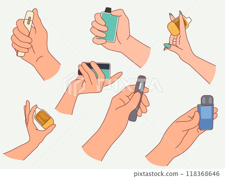 Hands holding vape pens. Modern electronic cigarettes and fruit nargile, tobacco smoking simulating, vaping steam, bad habit, electronic accessory vapes, vector cartoon flat isolated set 118368646
