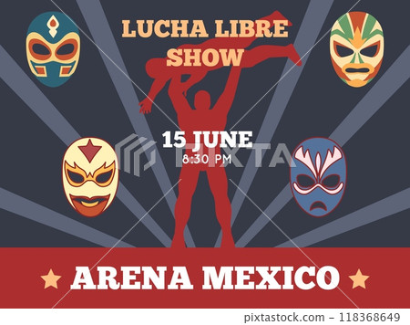 Lucha libre poster. Mexican wrestling show invitation, vintage battle match, fighter holds opponent over head, color masks, invitation banner, cartoon flat style isolated vector concept 118368649