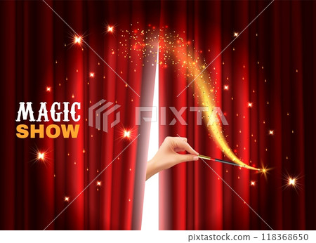 Magical show. Hand hold wand, red theater curtains. Horizontal banner or flyer design. Invitation mystical performance wizard. Sorcerers mysterious stage. Event placard vector concept 118368650