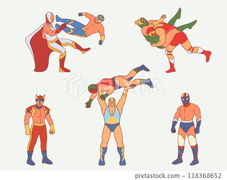 Mexican show wrestlers. Lucha libre fighters in color costumes, men in masks and colorful costumes, cartoon flat style characters in dynamic poses, luchadores, entertainment show, vector set Mexican show wrestlers. Lucha libre fighters in color costumes, men in masks and colorful costumes, cartoon flat style characters in dynamic poses, luchadores, entertainment show, vector set 118368652