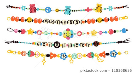 Plastic kids bracelets. Colorful cute beads and handicraft accessories, friendship funky jewelry, letters, stars and hearts, girls bijouterie, cartoon flat style isolated tidy vector set Plastic kids bracelets. Colorful cute beads and handicraft accessories, friendship funky jewelry, letters, stars and hearts, girls bijouterie, cartoon flat style isolated tidy vector set 118368656