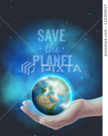 Save Earth. Realistic hand hold planet, environment care poster. ecology support motivational flyer. Dark sky background. Caring for nature. Social banner. Zero waste. Vector 3d concept Save Earth. Realistic hand hold planet, environment care poster. ecology support motivational flyer. Dark sky background. Caring for nature. Social banner. Zero waste. Vector 3d concept 118368657