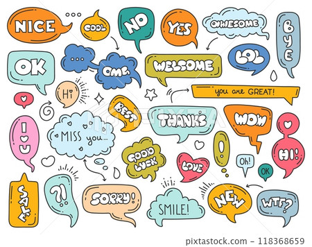 Speech bubbles with words. Different shapes dialog clouds, cute doodle style, short phrases, funky hand drawn text, rounded font, stickers communication bubble, comic comment vector set Speech bubbles with words. Different shapes dialog clouds, cute doodle style, short phrases, funky hand drawn text, rounded font, stickers communication bubble, comic comment vector set 118368659