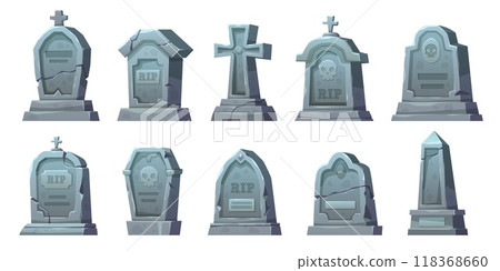 Stone tombstones. Ancient halloween cemetery gravestones and grave crosses, cartoon crypts, memorials with rip signatures, spooky mystery monument, funeral tidy vector isolated mausoleum set 118368660