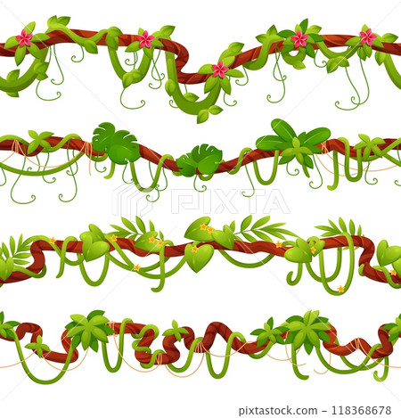 Jungle lianas borders. Seamless curved branches with tropical leaves and flowers, exotic creepers, rainforest greenery climbing plants, cartoon flat style isolated botanical vector set 118368678