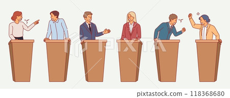 Political debate. Opponents arguing, people in formal suits behind stand, speaker characters, giving public speech, wooden desks, discussion or disagreement cartoon flat isolated vector set 118368680