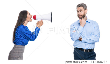 attention please. businesspeople with loudspeaker announce business. new business announcement. unsatisfied boss shouting at manager isolated on white. businesspeople announce a problem attention please. businesspeople with loudspeaker announce business. new business announcement. unsatisfied boss shouting at manager isolated on white. businesspeople announce a problem 118368716