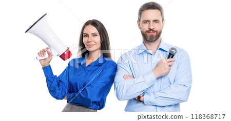 businesspeople with loudspeaker and microphone announce business promotional idea isolated on white businesspeople with loudspeaker and microphone announce business promotional idea isolated on white 118368717