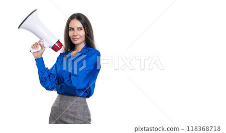 attention please. businesswoman with loudspeaker announce business. new business announcement. female boss or manager isolated on white. businesswoman announce a problem attention please. businesswoman with loudspeaker announce business. new business announcement. female boss or manager isolated on white. businesswoman announce a problem 118368718