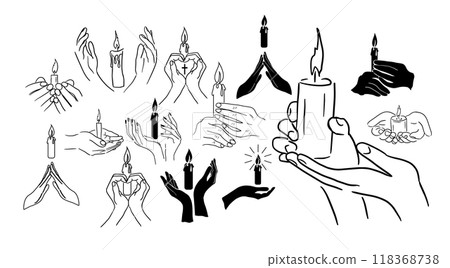 Candle in hands prayer. Set of religious symbols of faith in God. hand drawn. Not AI, Vector illustration 118368738