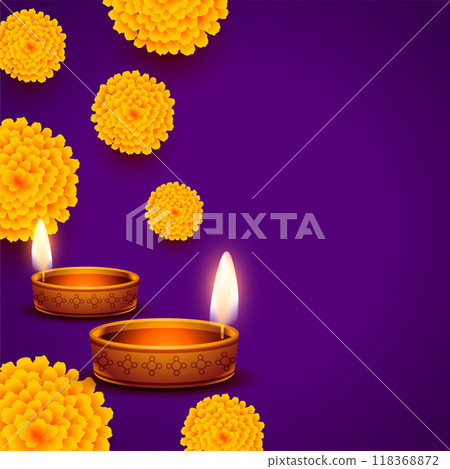 diwali greeting background in flat purple color with floral and diya design 118368872