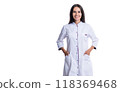 Confident practitioner doctor standing in medical office. general practitioner with medic gown. medicine, healthcare and people concept. doctor practitioner at hospital. copy space banner 118369468