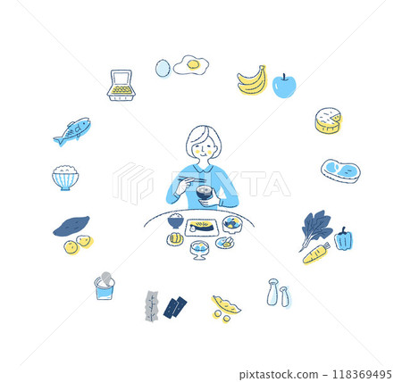 Healthy eating woman and different foods 118369495