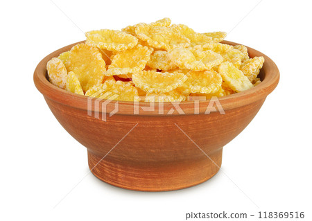 Cornflakes in ceramic bowl isolated on white background. 118369516