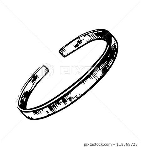 Jewelry bracelet. Beauty and fashion. A black and white vector illustration made by hand. A thin metal bracelet on the arm is a design element. Isolate on a white background. For package, label, flyer Jewelry bracelet. Beauty and fashion. A black and white vector illustration made by hand. A thin metal bracelet on the arm is a design element. Isolate on a white background. For package, label, flyer 118369725