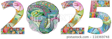 Zentangle stylized snake number 2025. Hand Drawn lace vector illustration 118369748