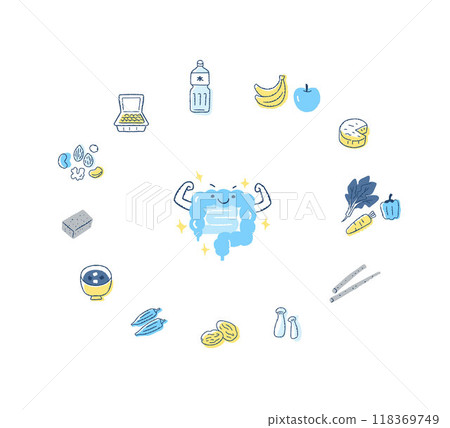 Image of a healthy large intestine and foods that are good for the intestines 118369749