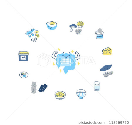 Image of a healthy large intestine and foods that are good for the intestines Image of a healthy large intestine and foods that are good for the intestines 118369750