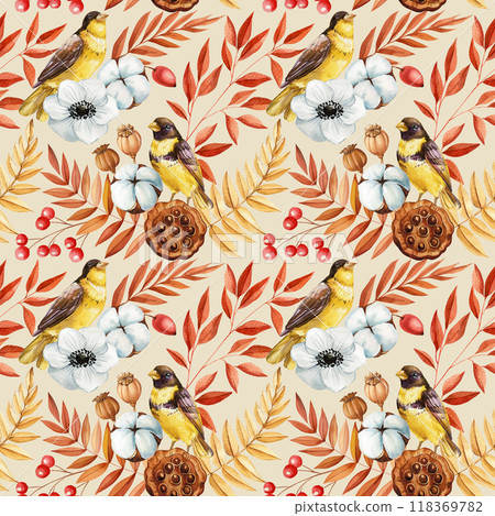 Charm autumn seamless fall pattern featuring watercolor bird and vibrant leaves. Autumn harvest design, floral decor 118369782